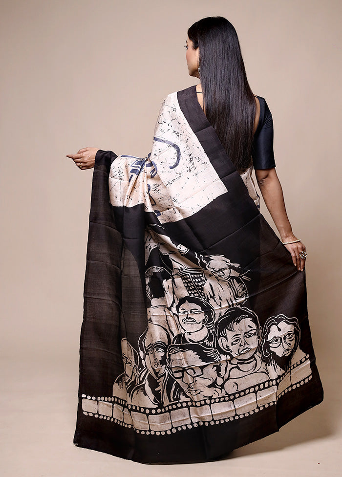 Cream Printed Pure Silk Saree Without Blouse Piece