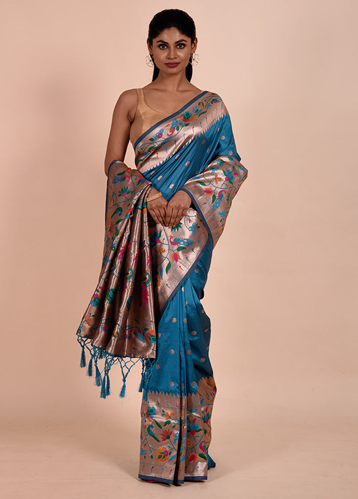 Blue Dupion Silk Saree With Blouse Piece