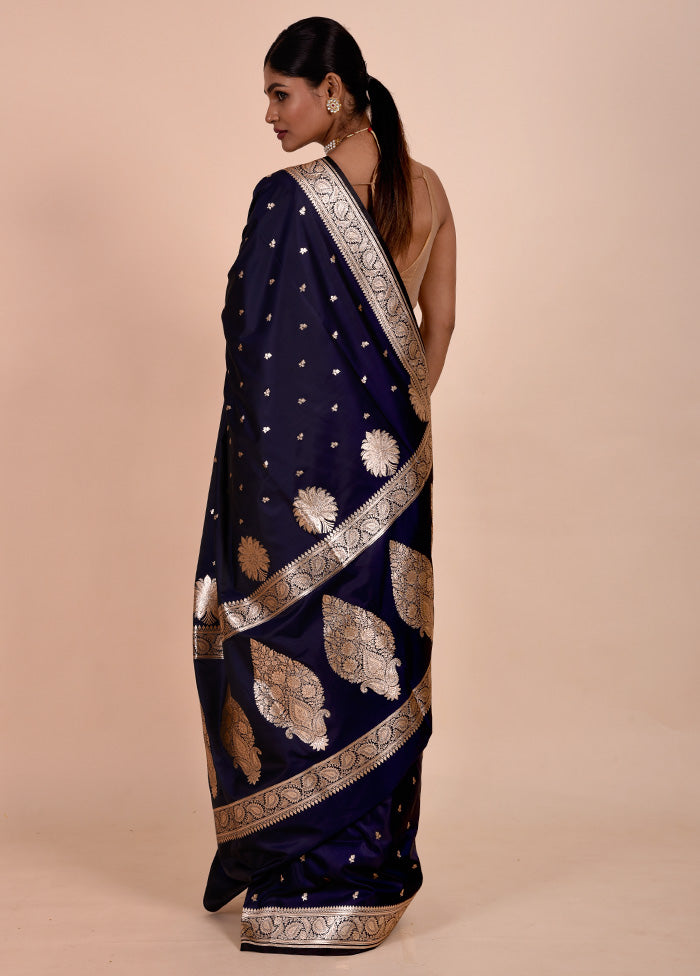 Blue Banarasi Silk Saree With Blouse Piece