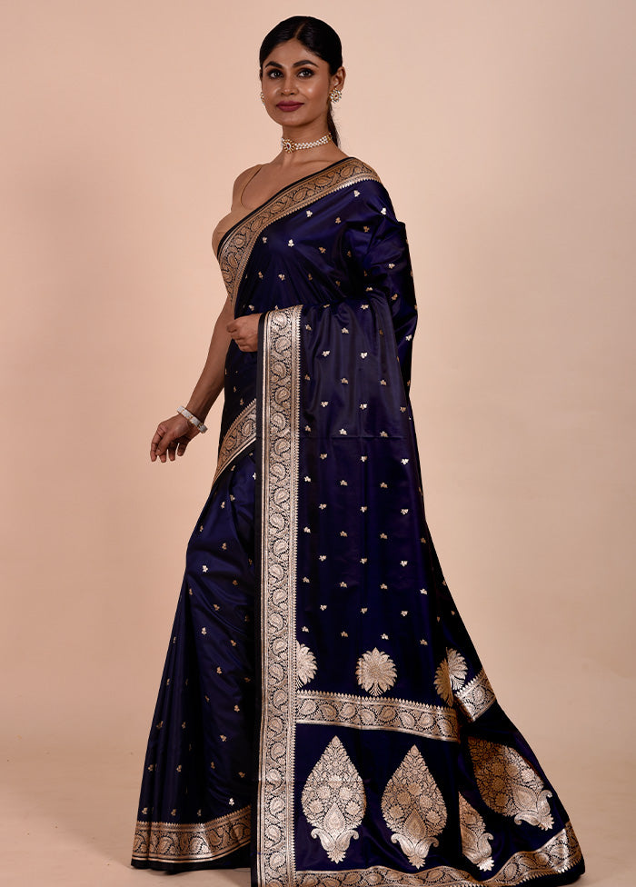 Blue Banarasi Silk Saree With Blouse Piece