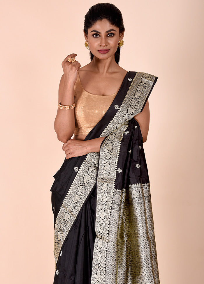 Black Handloom Katan Pure Silk Saree With Blouse Piece