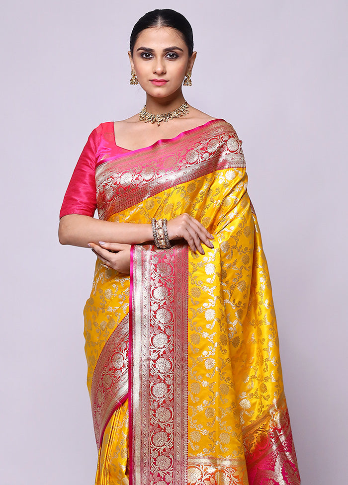 Yellow Handloom Banarasi Pure Silk Saree With Blouse Piece