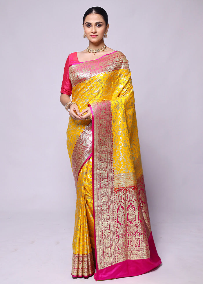 Yellow Handloom Banarasi Pure Silk Saree With Blouse Piece