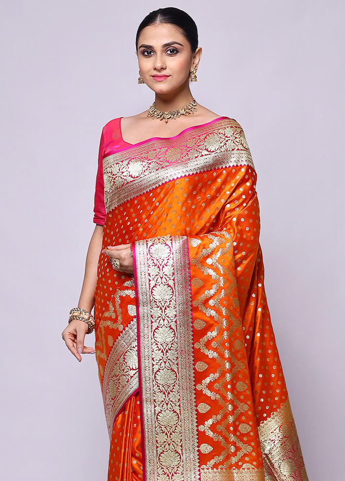 Orange Banarasi Silk Saree With Blouse Piece