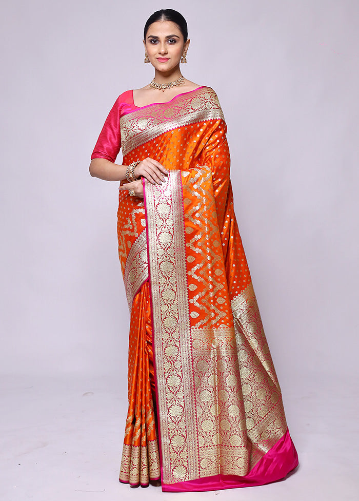 Orange Banarasi Silk Saree With Blouse Piece