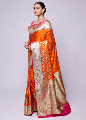 Orange Banarasi Silk Saree With Blouse Piece