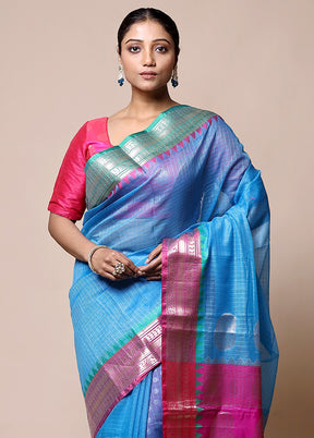 Blue Kota Cotton Saree With Blouse Piece