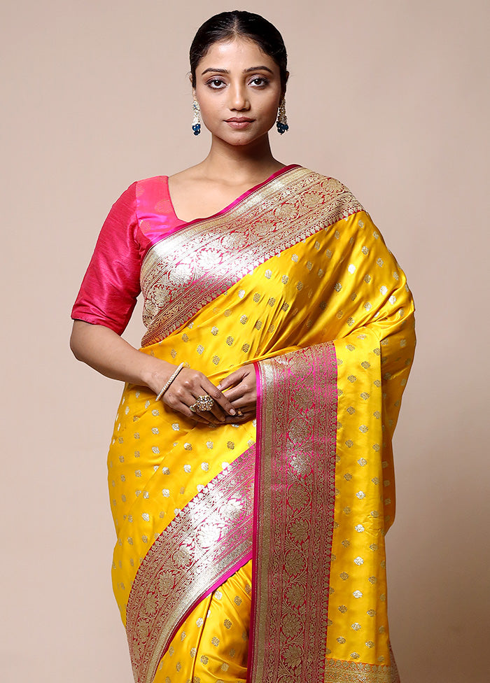 Yellow Banarasi Silk Saree With Blouse Piece