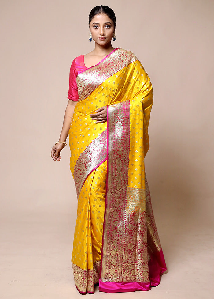 Yellow Banarasi Silk Saree With Blouse Piece