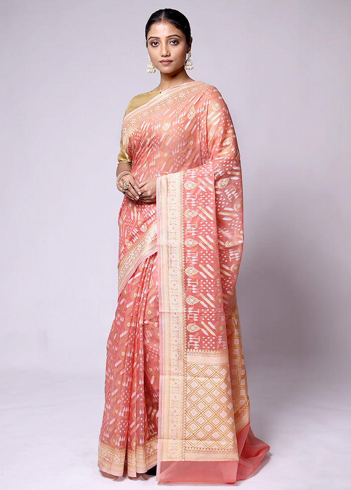 Peach Pure Cotton Saree With Blouse Piece