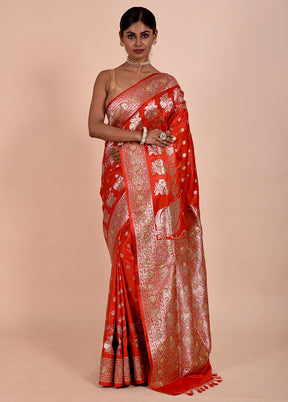 Red Banarasi Silk Saree With Blouse Piece