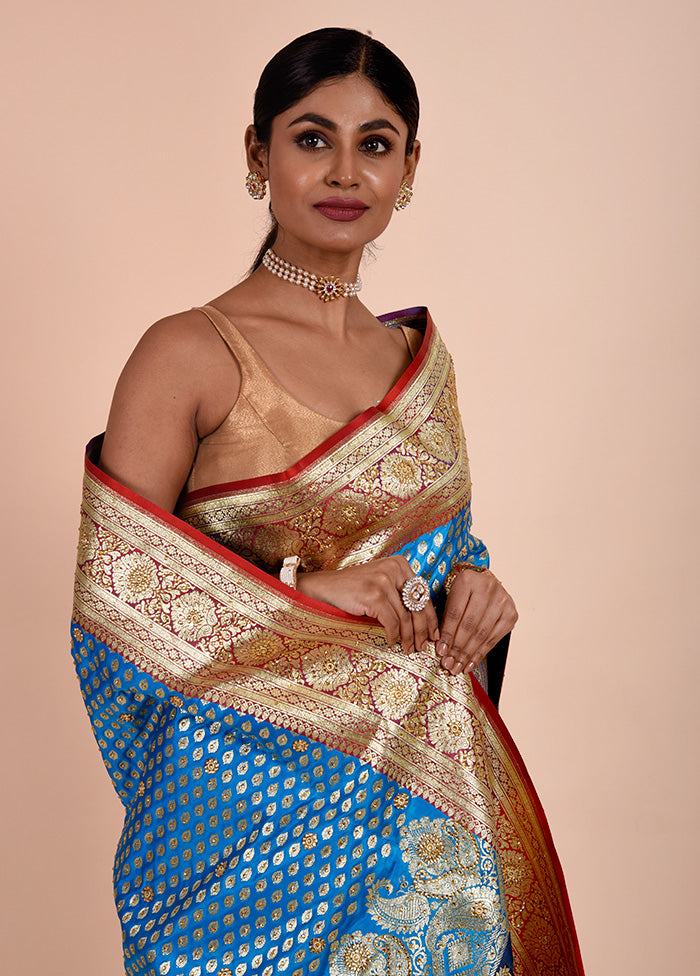 Blue Banarasi Silk Saree With Blouse Piece