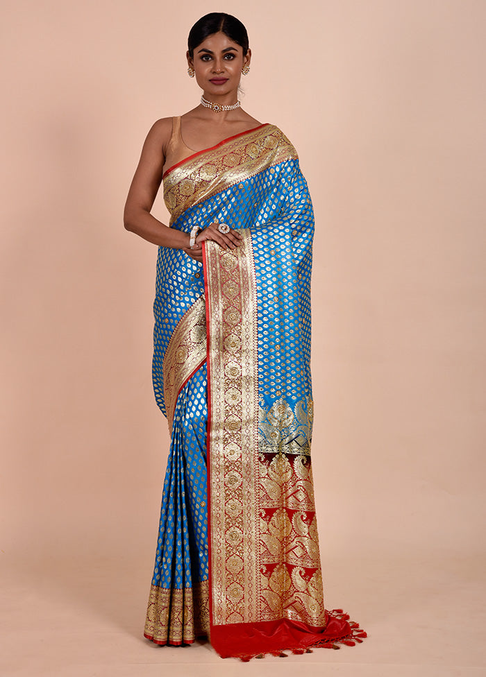 Blue Banarasi Silk Saree With Blouse Piece