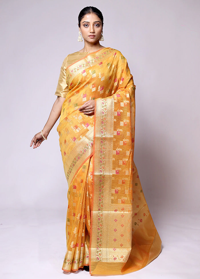 Yellow Kora Silk Saree With Blouse Piece