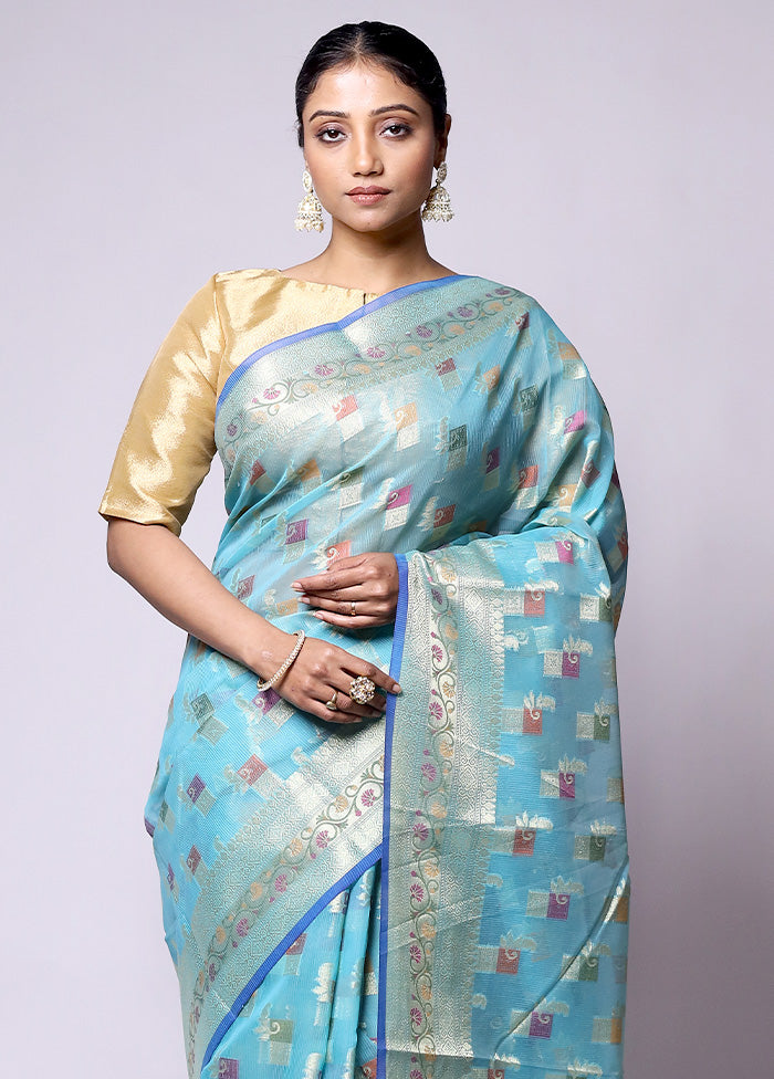 Blue Kora Silk Saree With Blouse Piece