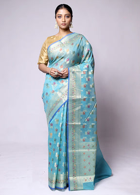 Blue Kora Silk Saree With Blouse Piece