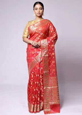 Red Kora Silk Saree With Blouse Piece