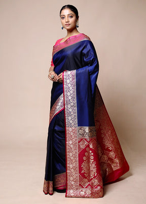 Blue Banarasi Silk Saree With Blouse Piece