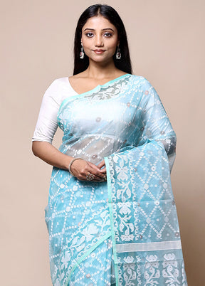 Blue Pure Tant Jamdani Saree Without Blouse Piece