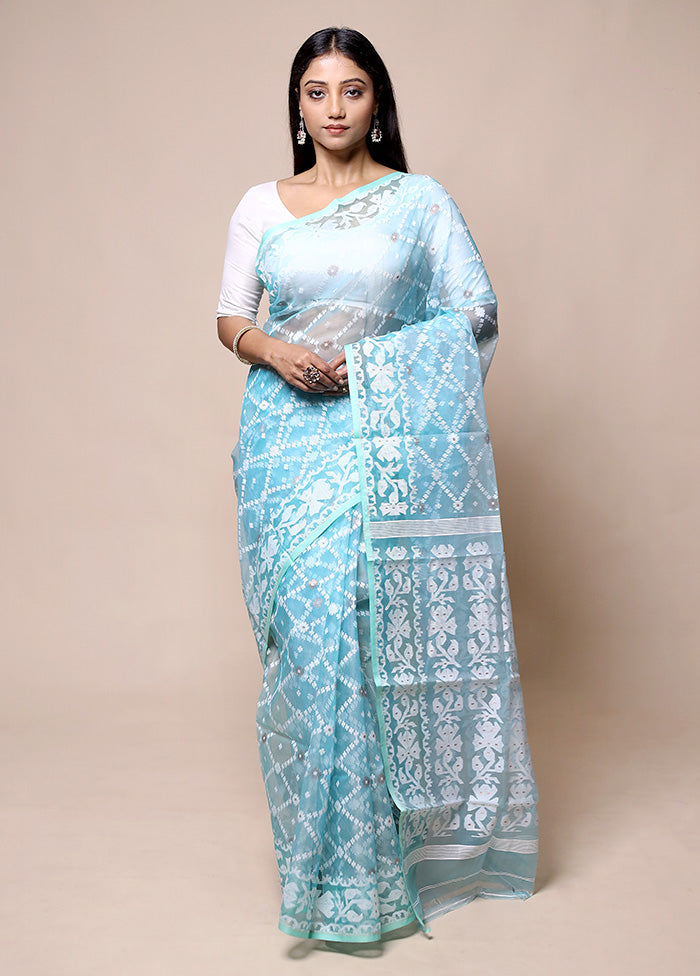 Blue Pure Tant Jamdani Saree Without Blouse Piece