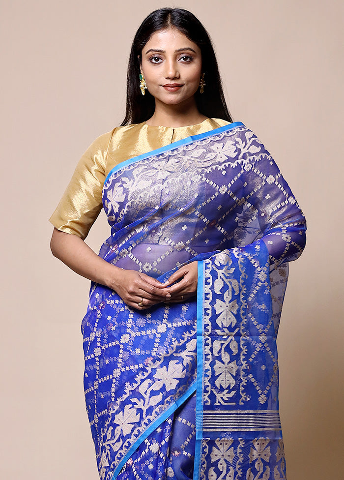 Blue Pure Tant Jamdani Saree Without Blouse Piece