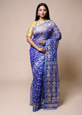 Blue Pure Tant Jamdani Saree Without Blouse Piece