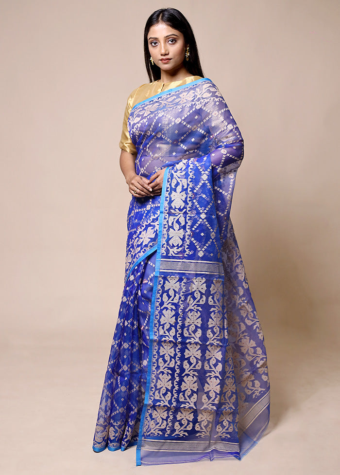 Blue Pure Tant Jamdani Saree Without Blouse Piece