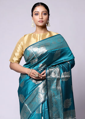 Blue Dupion Silk Saree With Blouse Piece