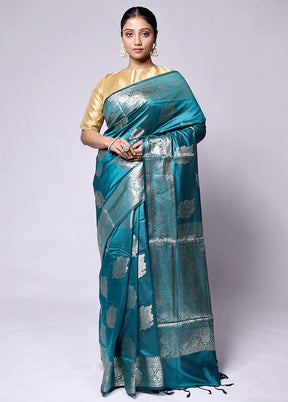 Blue Dupion Silk Saree With Blouse Piece