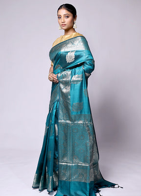 Blue Dupion Silk Saree With Blouse Piece