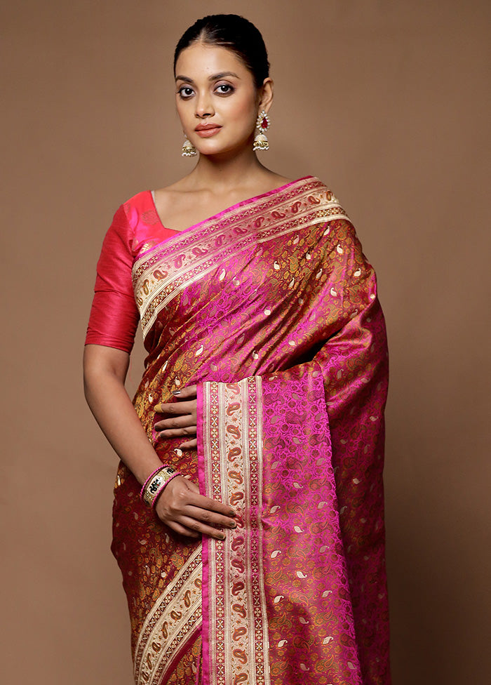 Pink Handloom Tanchoi Pure Silk Saree With Blouse Piece