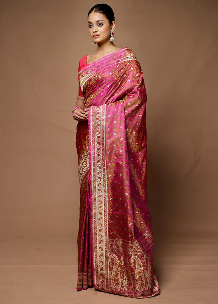 Pink Handloom Tanchoi Pure Silk Saree With Blouse Piece