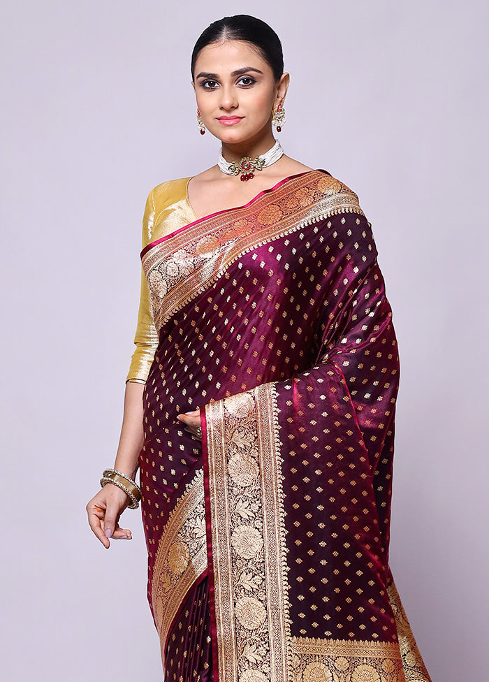 Wine Banarasi Silk Saree With Blouse Piece