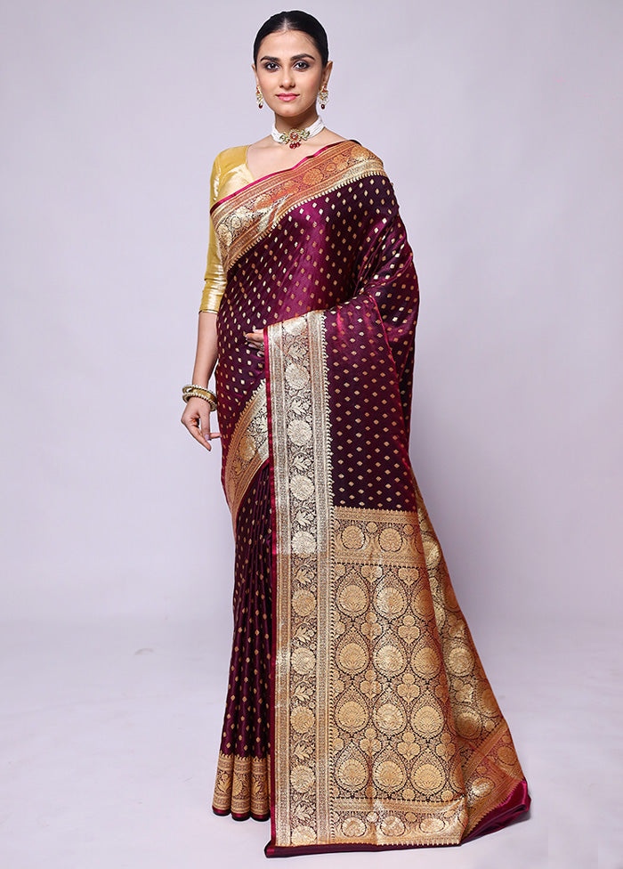 Wine Banarasi Silk Saree With Blouse Piece