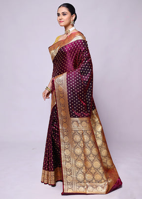 Wine Banarasi Silk Saree With Blouse Piece