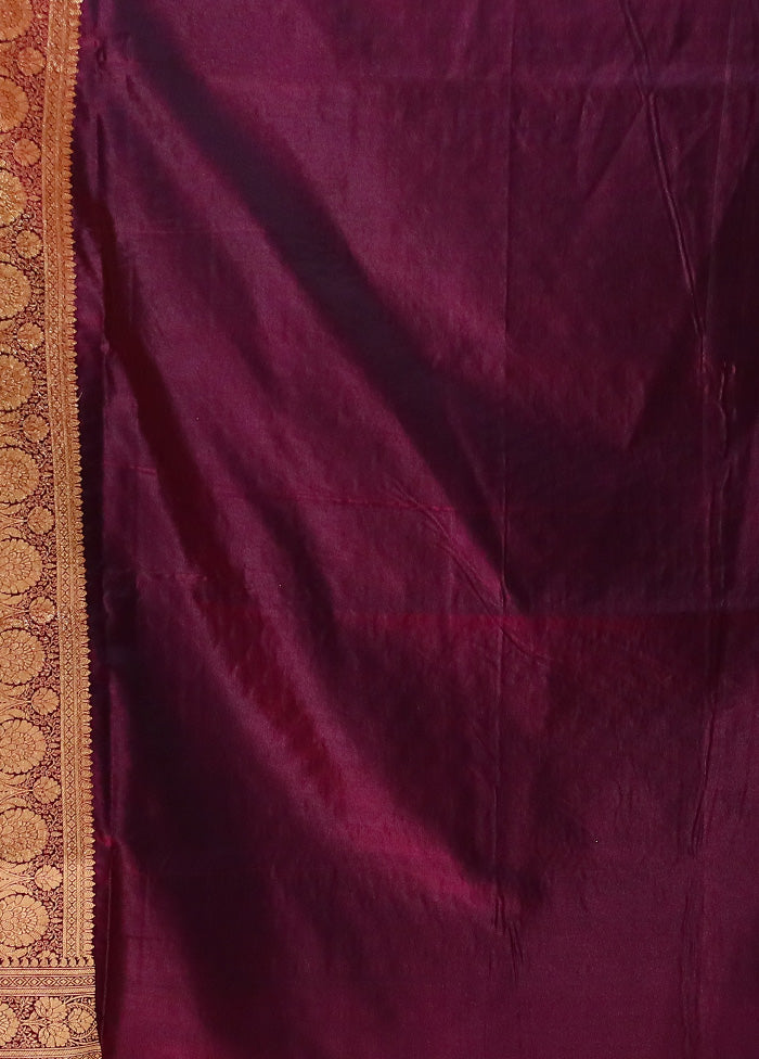 Wine Banarasi Silk Saree With Blouse Piece