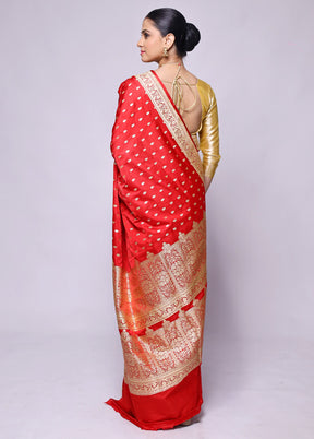 Red Handloom Banarasi Pure Silk Saree With Blouse Piece