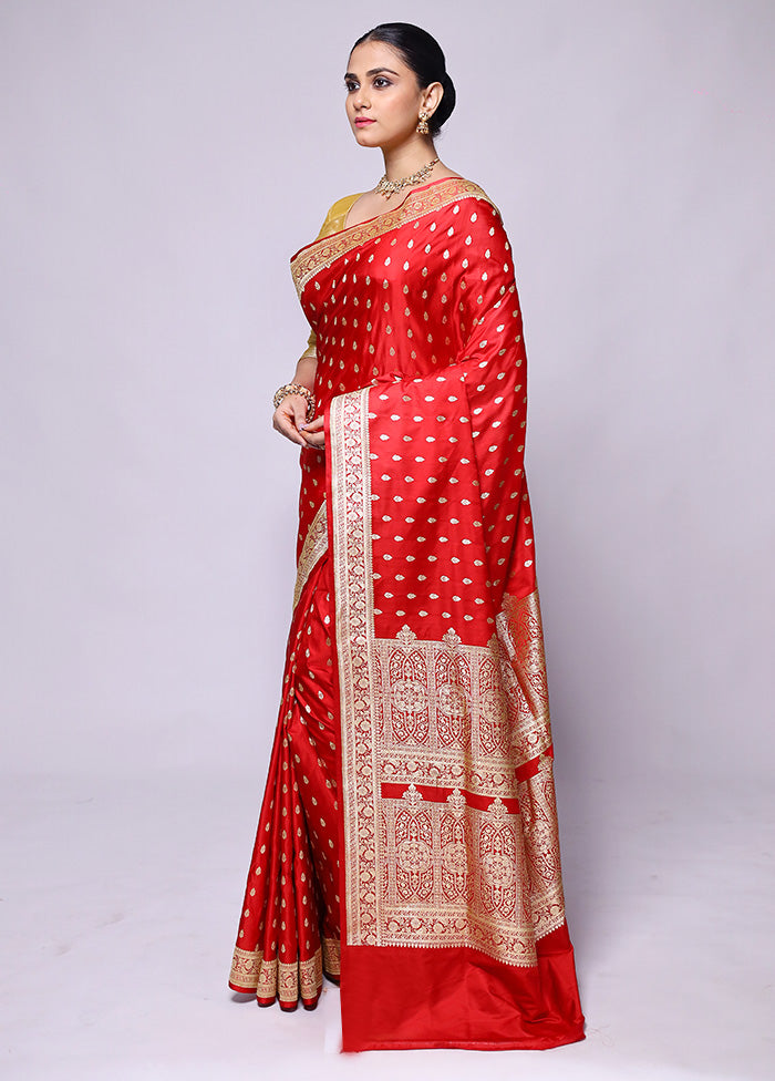 Red Handloom Banarasi Pure Silk Saree With Blouse Piece