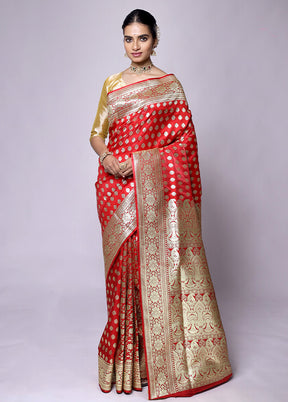 Red Banarasi Silk Saree With Blouse Piece