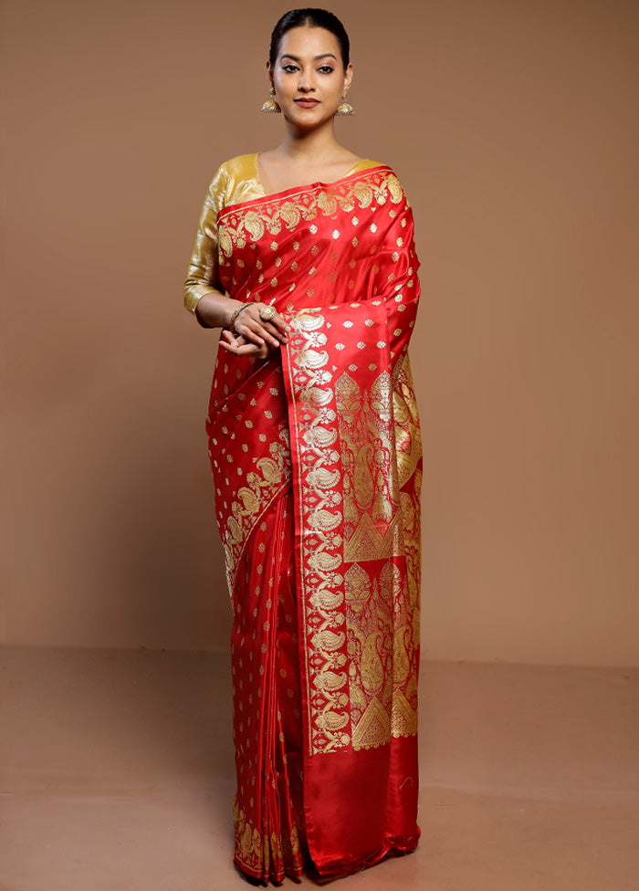 Red Handloom Banarasi Pure Silk Saree With Blouse Piece