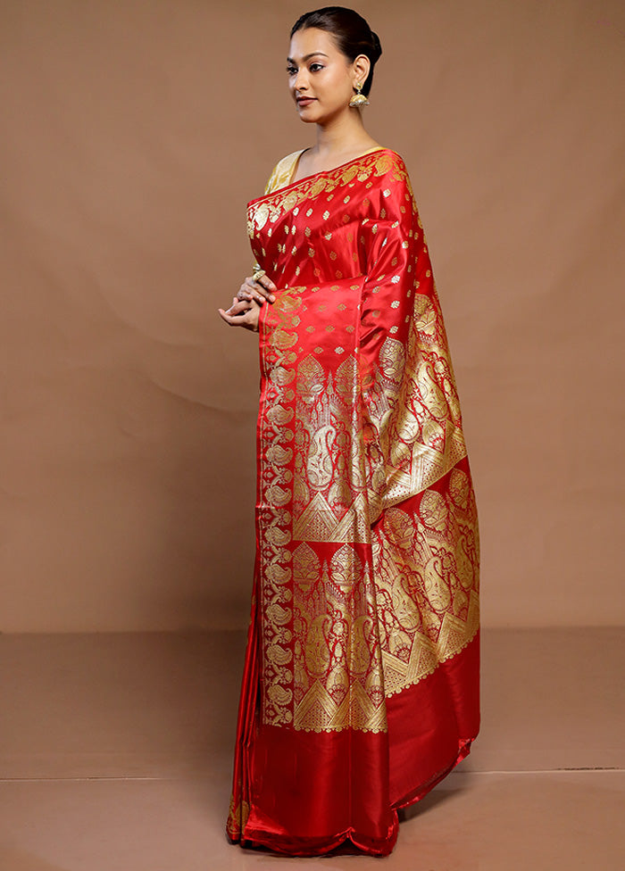 Red Handloom Banarasi Pure Silk Saree With Blouse Piece