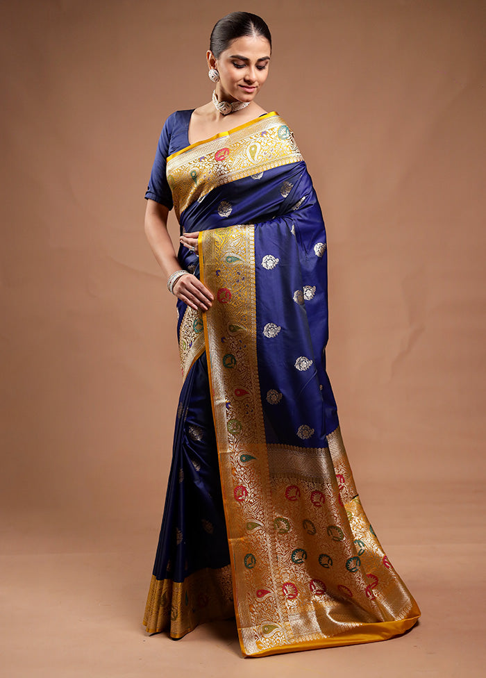 Blue Katan Silk Saree With Blouse Piece