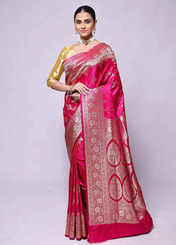 Pink Banarasi Silk Saree With Blouse Piece