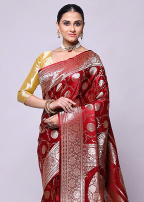 Maroon Banarasi Silk Saree With Blouse Piece