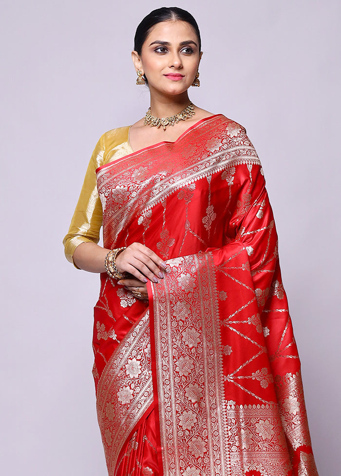 Red Banarasi Silk Saree With Blouse Piece