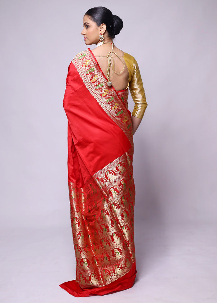 Red Handloom Banarasi Pure Silk Saree With Blouse Piece