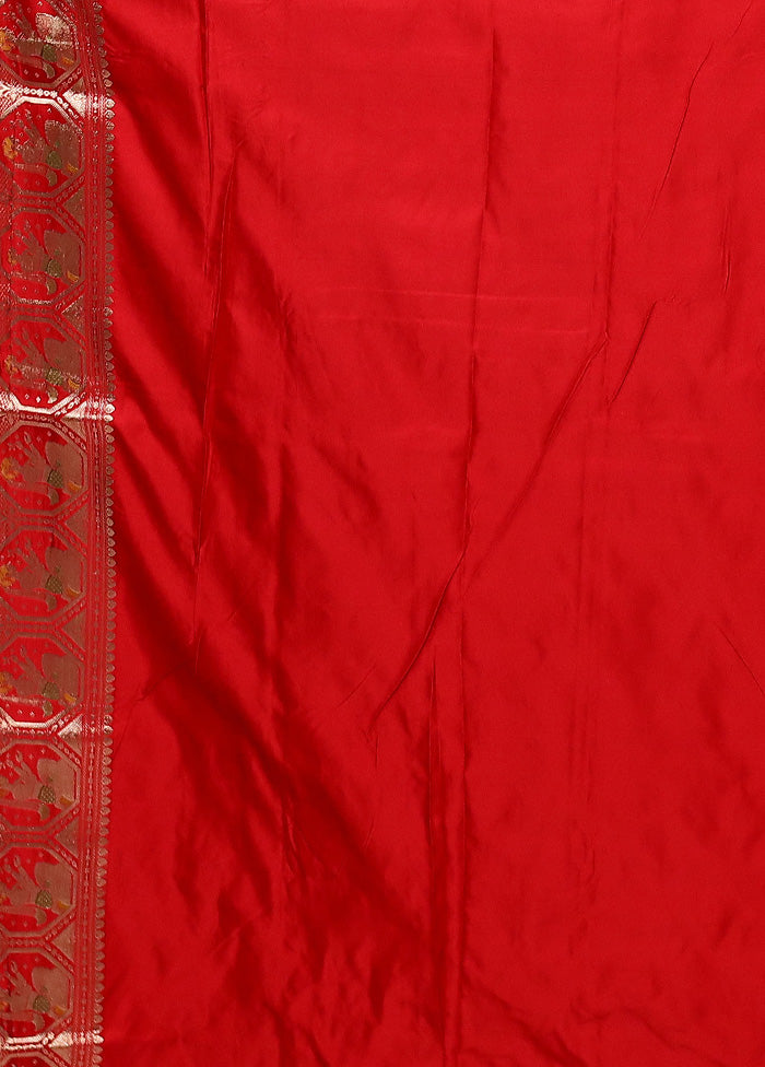 Red Handloom Banarasi Pure Silk Saree With Blouse Piece