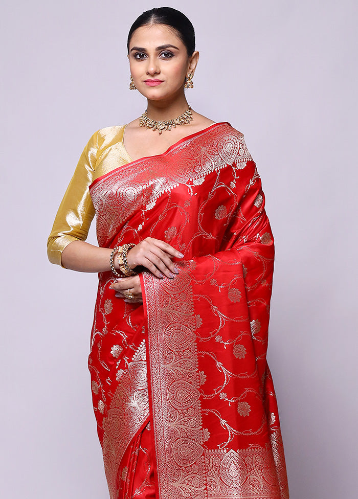 Red Banarasi Silk Saree With Blouse Piece