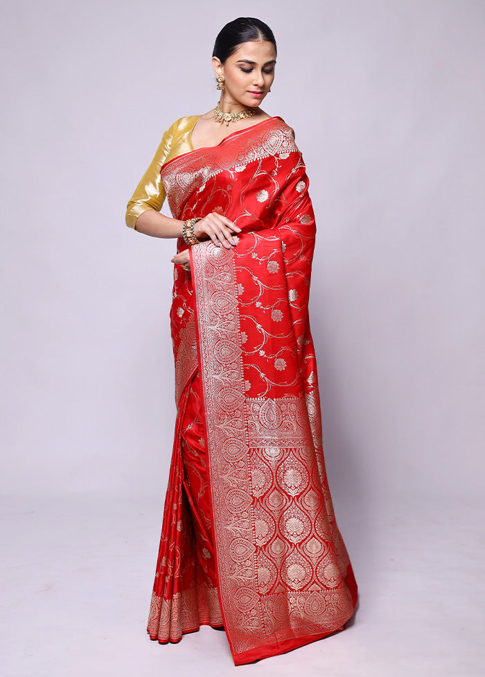 Red Banarasi Silk Saree With Blouse Piece