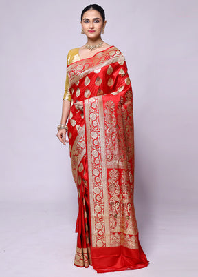 Red Handloom Banarasi Pure Silk Saree With Blouse Piece